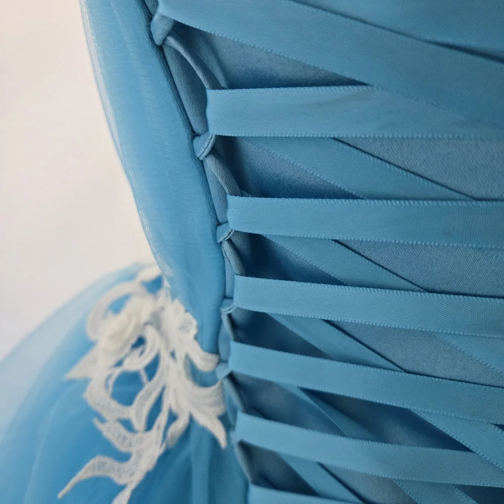 Mila Hoffman Custom Couture Ball Gown, Blue Topaz, White Floral Emroidered Waist - Picture 14 of 17